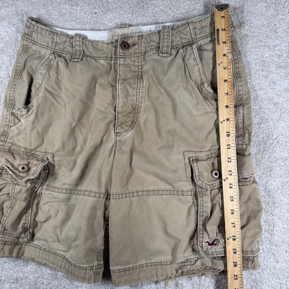 Hollister Mens Tan Khaki Cargo Shorts Size 33 Distressed Frayed Cotton Twill - Picture 9 of 10